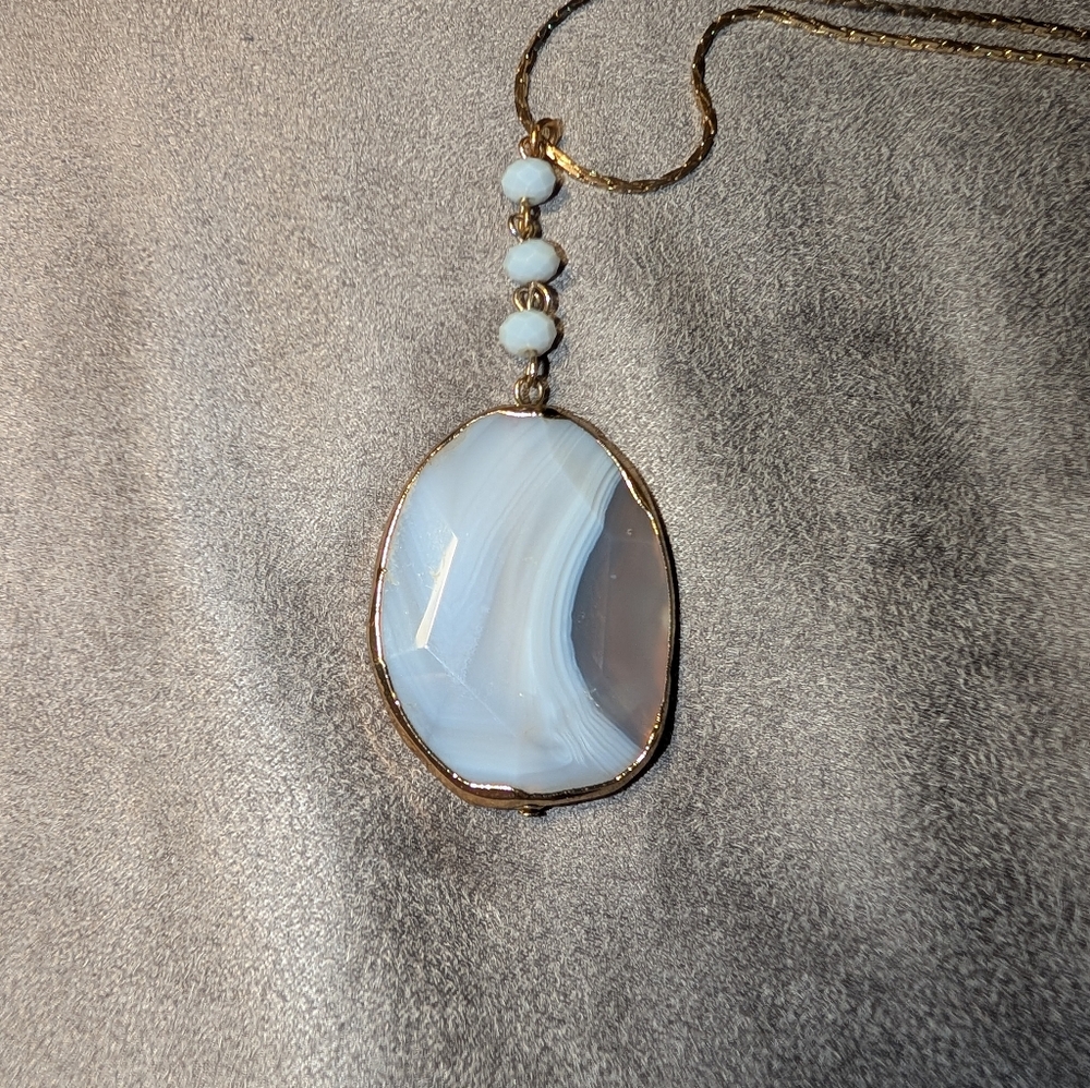 Blue Lace Agate Pendant On Gold Adjustable Chain